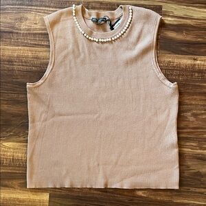Adrianna Papell Tan Tank Top with Pearl Details